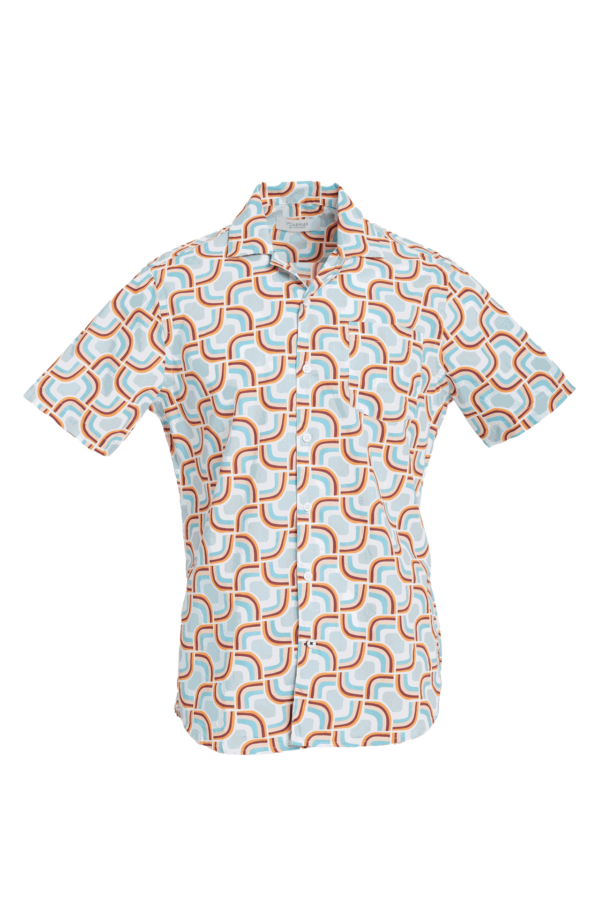 Geometric Orange Blue Cotton Woven Shirt