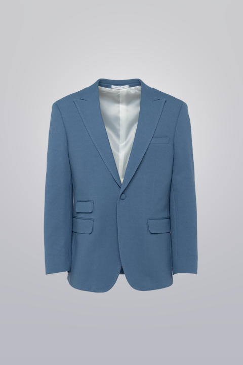 Piqué Coat in light blue made with TR poly viscose fabric. Textured, single-breasted coat with peak lapel, three flap pockets, and fabric-covered button.