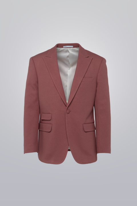 Pique Coat - Pink made with TR poly viscose fabric. Textured, single-breasted coat with peak lapel, three flap pockets, and fabric-covered button.