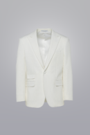 Pique Coat - White made with TR poly viscose fabric. Textured, single-breasted coat with peak lapel, three flap pockets, and fabric-covered button.