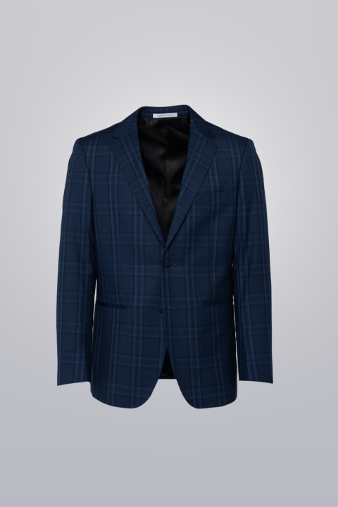 Plaid Coat - blue made with TR poly viscose fabric. Single-breasted with plaid pattern, notch lapel, pipped pockets, and fabric-covered button.