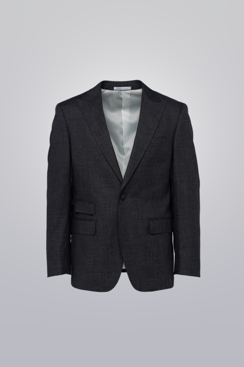 Sport Coat - Grey made with TR poly viscose fabric. Single-breasted with peak lapel, three flap pockets, and fabric-covered button.