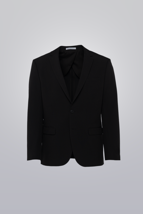 Technical Coat - Black made with TR poly viscose and elastane blend. Soft, wrinkle-free, single-breasted design with notch lapel and flap pockets.