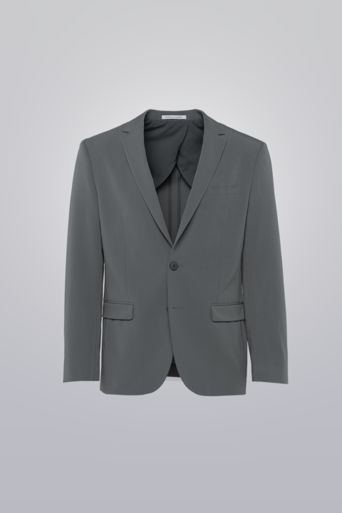 Technical Coat - Grey made with TR poly viscose and elastane blend. Soft, wrinkle-free, single-breasted design with notch lapel and flap pockets.
