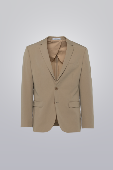 Technical Coat - Tan made with TR poly viscose and elastane blend. Soft, wrinkle-free, single-breasted design with notch lapel and flap pockets.