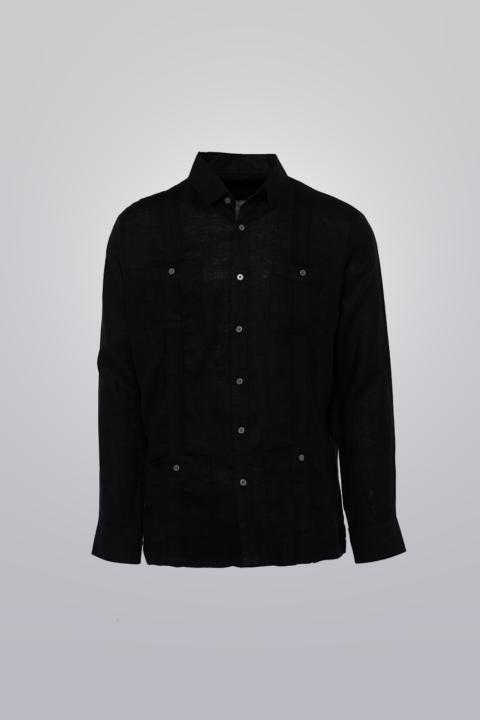 Men’s black long-sleeve 100% linen guayabera, traditional pleats and four pockets