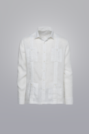 Men’s white long-sleeve 100% linen guayabera, traditional pleats and four pockets