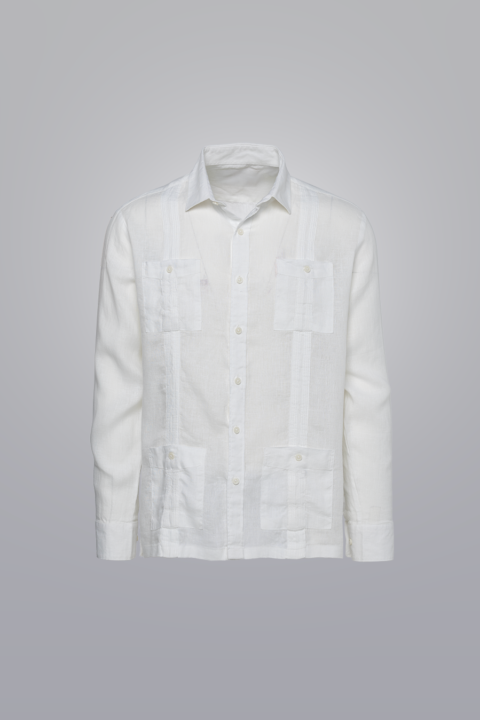 Men’s white long-sleeve 100% linen guayabera, traditional pleats and four pockets