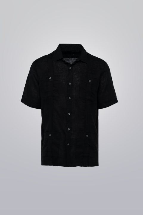 Men’s Black 100% linen guayabera short sleeve in White, traditional pleats, four pockets