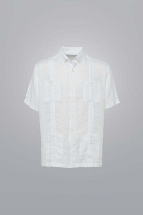 Men’s White 100% linen guayabera short sleeve in White, traditional pleats, four pockets