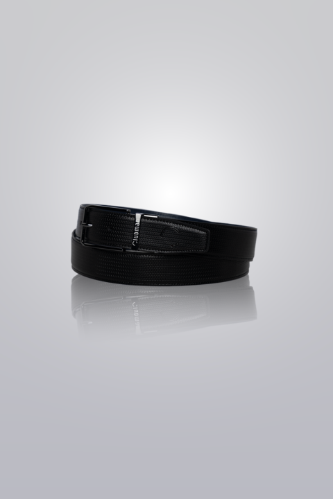 Reversible leather belt in black and navy. Adjustable fit-all design.