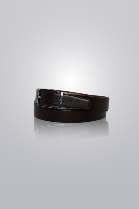 Reversible leather belt in brown and tan. Adjustable fit-all design.