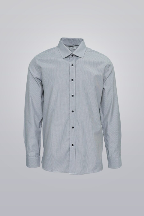 Black striped dress shirt, long sleeve, wrinkle-free cotton-polyester blend.