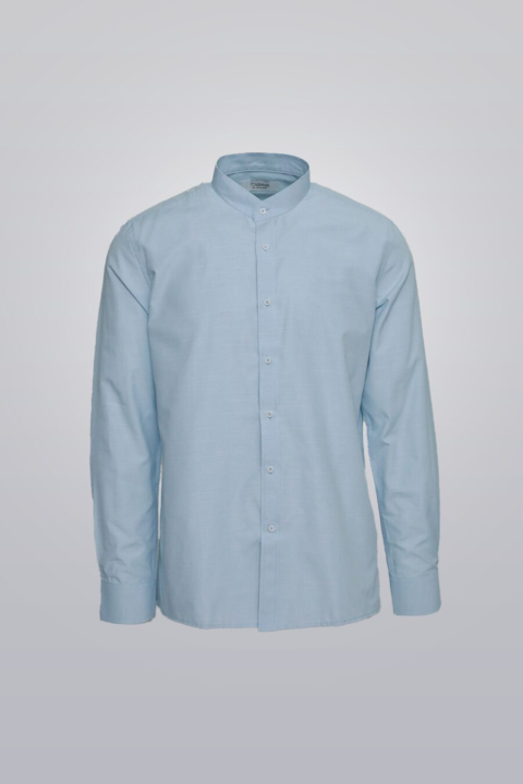Mandarin collar shirt for men, long sleeve cotton button-down with band collar and regular fit