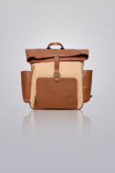 Canvas Backpack - Tan washed canvas and leather backpack with front pocket and side compartments