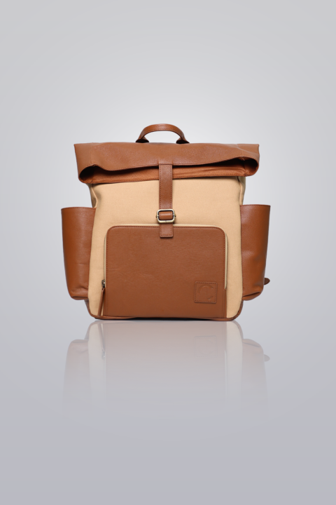 Canvas Backpack - Tan washed canvas and leather backpack with front pocket and side compartments