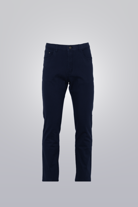 Navy cotton jeans made from a soft and stretchy cotton-spandex blend. Five-pocket design with a straight-leg fit.