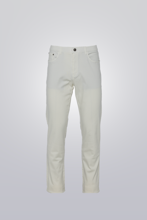 Cotton Jeans - Off White made from a soft and stretchy cotton-spandex blend. Five-pocket design with a straight-leg fit.