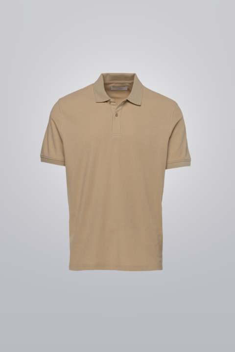 Tan short sleeve cotton polo made from 100% heavyweight cotton. True to fit.