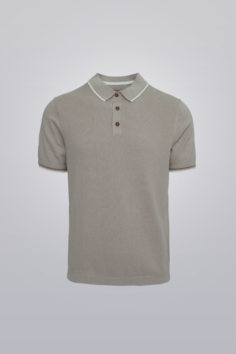 Tan knit polo shirt, 100% cotton, short sleeve, true to fit.