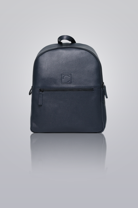 Leather Backpack - Navy 100% saffiano leather backpack with front zipper pocket