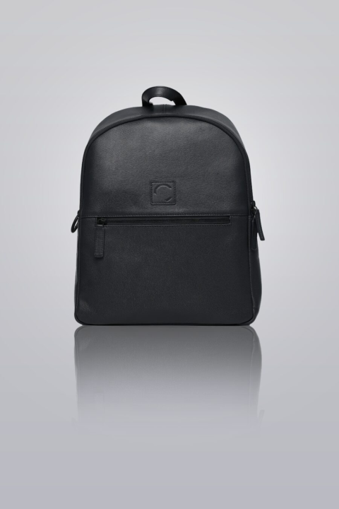 Leather Backpack - Black 100% saffiano leather backpack with front zipper pocket