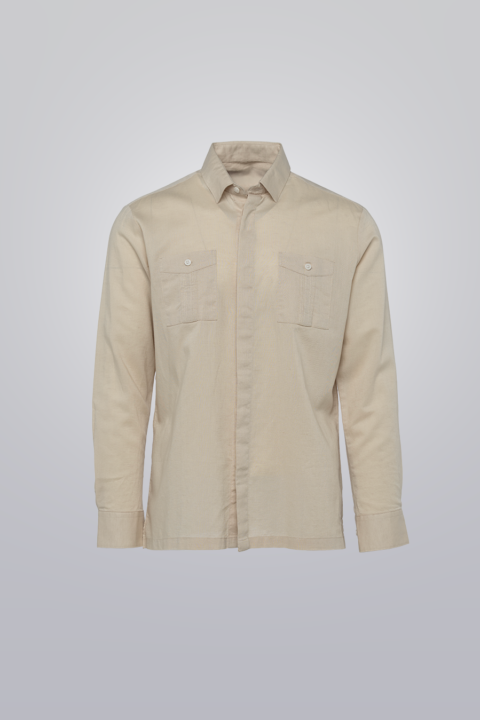 Men’s tan long sleeve guayabera by Clubman by Leonardo, no pleats, two pockets, linen-blend