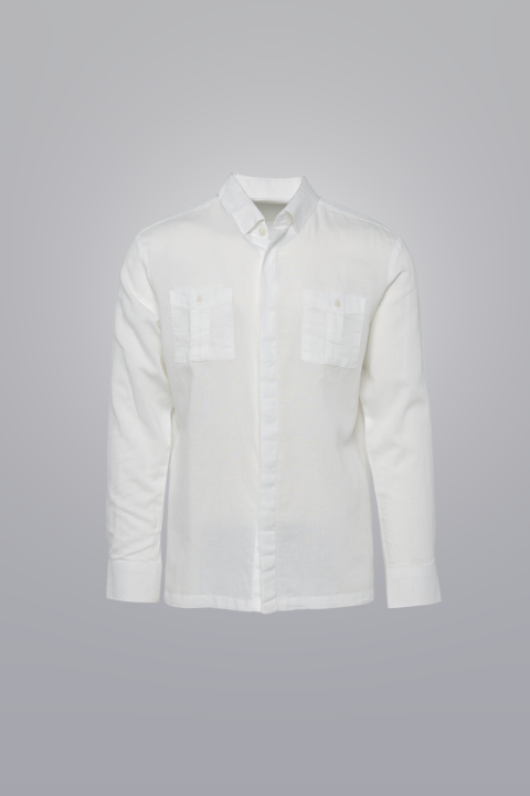 Men’s White long sleeve guayabera by Clubman by Leonardo, no pleats, two pockets, linen-blend