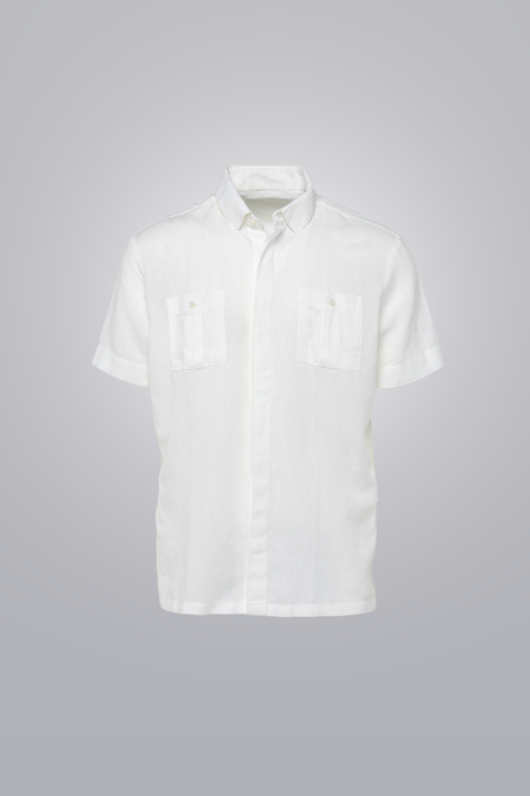Men’s White short sleeve linen-blend guayabera by Clubman by Leonardo, no pleats, two pockets, linen-blend