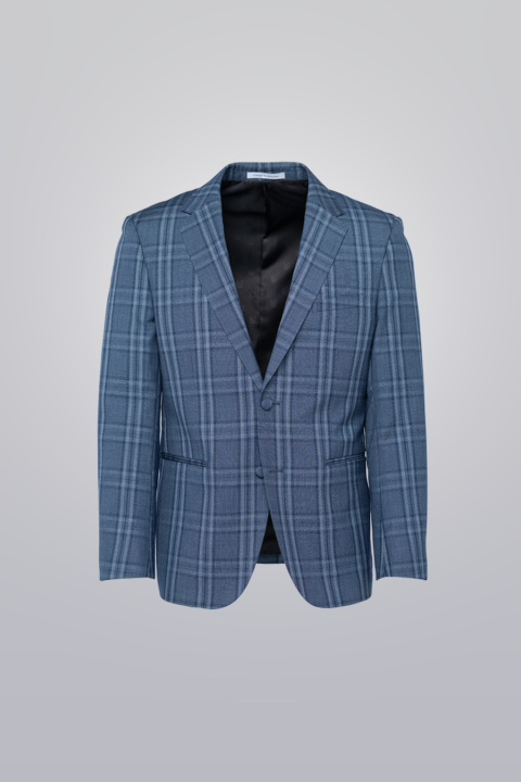 Plaid Coat in denim blue made with TR poly viscose fabric. Single-breasted with plaid pattern, notch lapel, pipped pockets, and fabric-covered button.