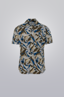 Brown, blue, and beige short sleeve printed shirt with leaf pattern. Made from 100% cotton. Regular fit.