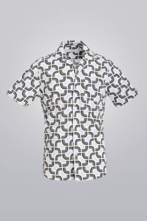 White, grey, and light blue short sleeve printed shirt with geometric design. Made from 100% cotton. Regular fit.