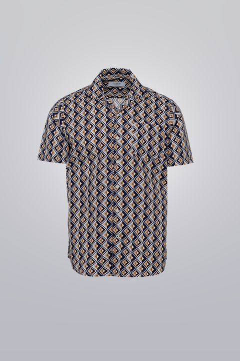 Navy short sleeve printed shirt with geometric pattern in orange and white. Made from 100% cotton. Regular fit.