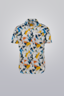White, blue, orange, and yellow short sleeve printed shirt with geometric stripe pattern. Made from 100% cotton. Regular fit.