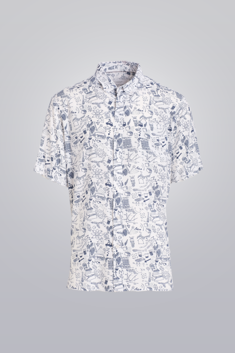 White and navy short sleeve printed shirt with scribble pattern. Made from 100% cotton. Regular fit.