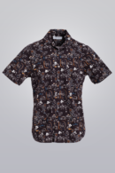 Dark purple short sleeve printed shirt with sketched pattern. Made from 100% cotton. Regular fit.