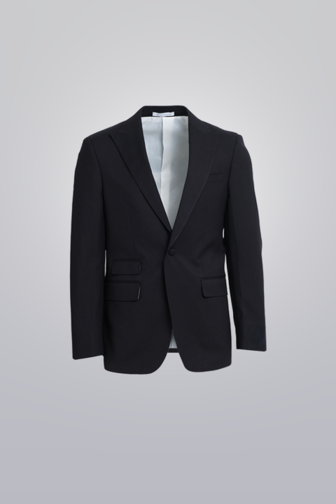 Sport coat in black made with TR poly viscose fabric. Single-breasted with peak lapel, three flap pockets, and fabric-covered button.