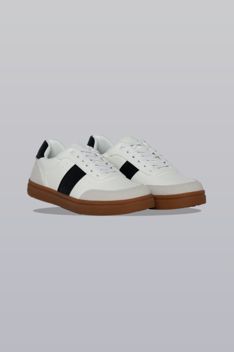 White and black striped sneakers with true-to-size fit.