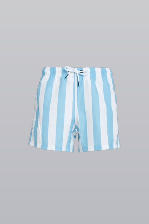 Swim Short - Blue Stripe polyester swim trunks with elastic waistband, quick-dry fabric, and functional pockets 