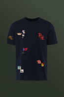 Yo Soy De Aquí T-Shirt navy heavyweight cotton tee with Puerto Rican cultural stickers, true to fit