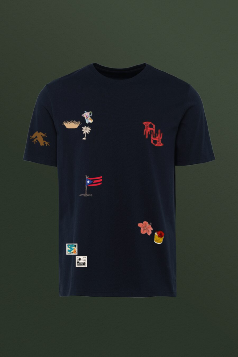 Yo Soy De Aquí T-Shirt navy heavyweight cotton tee with Puerto Rican cultural stickers, true to fit