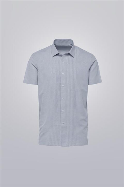 Grey pleated shirt for men, short sleeve cotton blend with front pleats and regular fit
