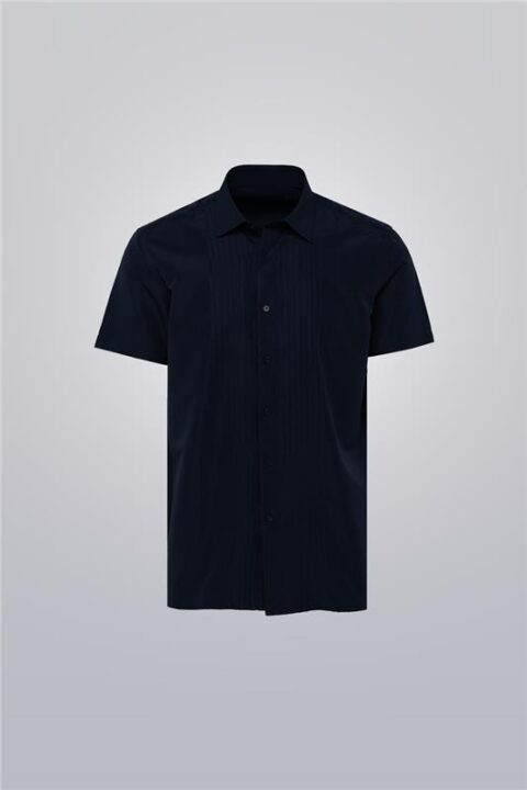 Navy pleated shirt for men, short sleeve cotton blend with front pleats and regular fit