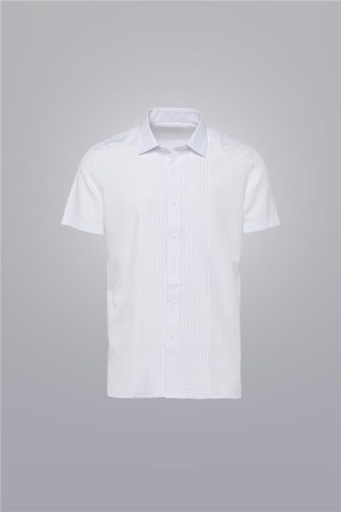 White pleated shirt for men, short sleeve cotton blend with front pleats and regular fit