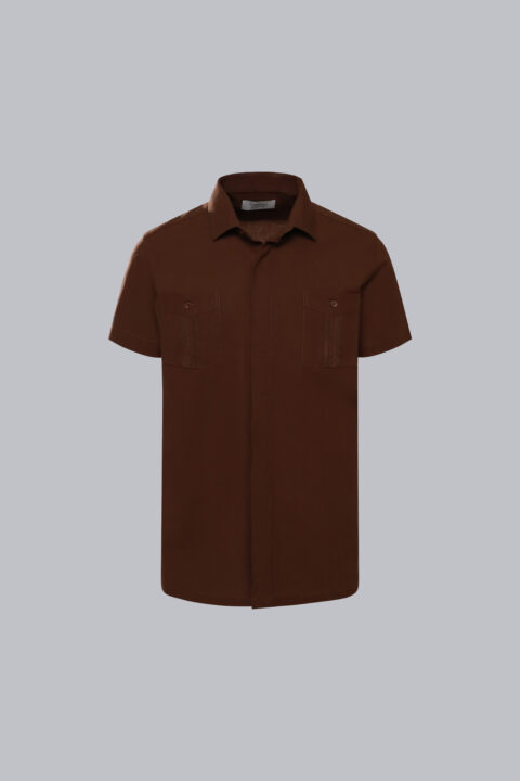 Linen-cotton-polyester blend guayabera in the color brown.