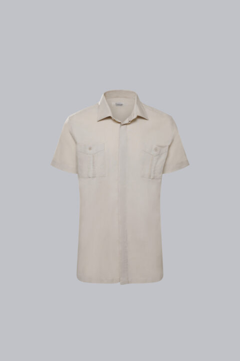 Linen-cotton-polyester blend guayabera in the color tan.