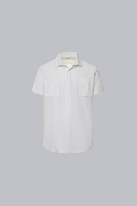 Linen-cotton-polyester blend guayabera in the color white.