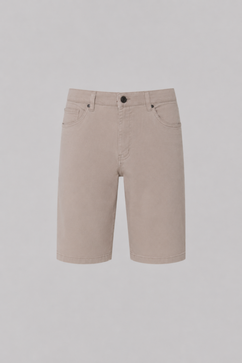 Men's Wide Jean Short in Beige stretch cotton with Clubman branded hardware, front button and zipper closure, and classic five-pocket design.