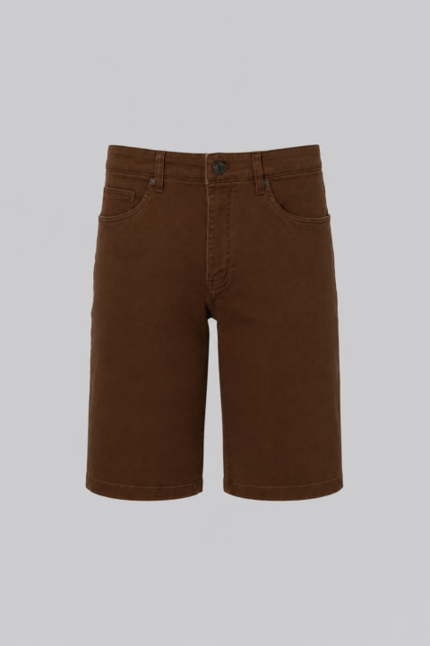 Men's Wide Jean Short in Brown stretch cotton with Clubman branded hardware, front button and zipper closure, and classic five-pocket design.