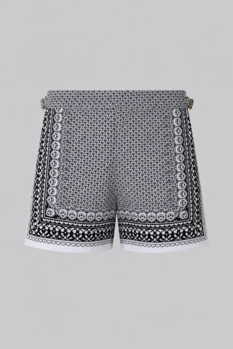 Black silk swim short for men featuring an all-over geometric print, adjustable side straps, button and zipper closure, metal hardware, zippered back pockets, and mesh lining by Clubman by Leonardo.